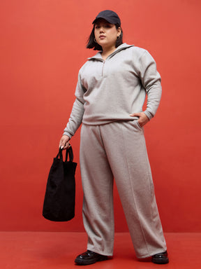 Grey Melange Fleece Sweatshirt With Track Pants-SASSAFRAS Curve