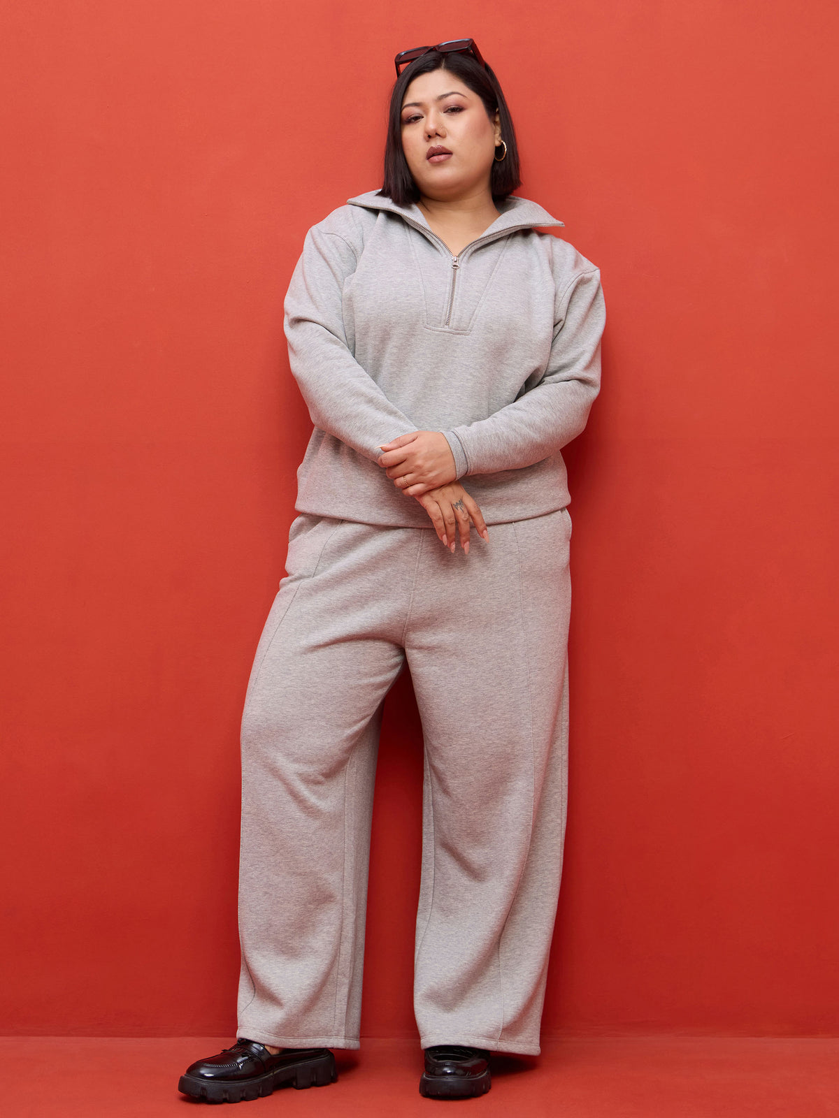Grey Melange Fleece Sweatshirt With Track Pants-SASSAFRAS Curve