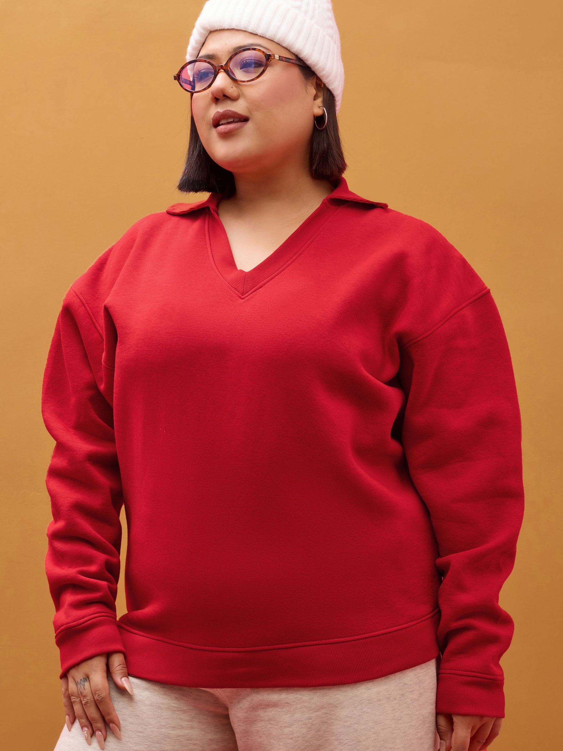 Red Fleece V Neck Sweatshirt-SASSAFRAS Curve