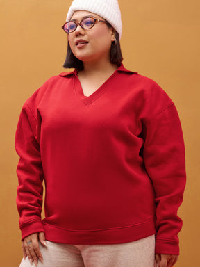 Red Fleece V Neck Sweatshirt-SASSAFRAS Curve