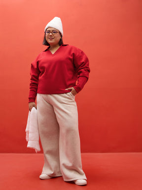 Red Fleece V Neck Sweatshirt-SASSAFRAS Curve