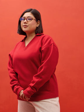Red Fleece V Neck Sweatshirt-SASSAFRAS Curve