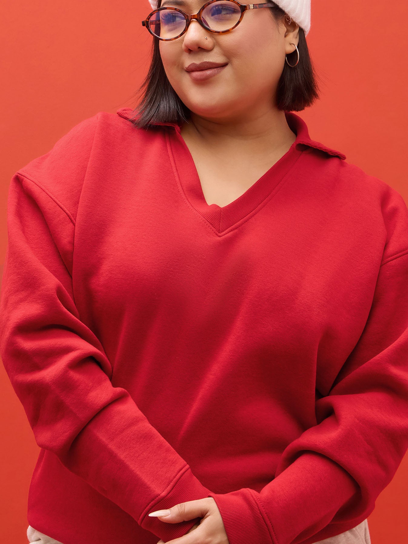 Red Fleece V Neck Sweatshirt-SASSAFRAS Curve