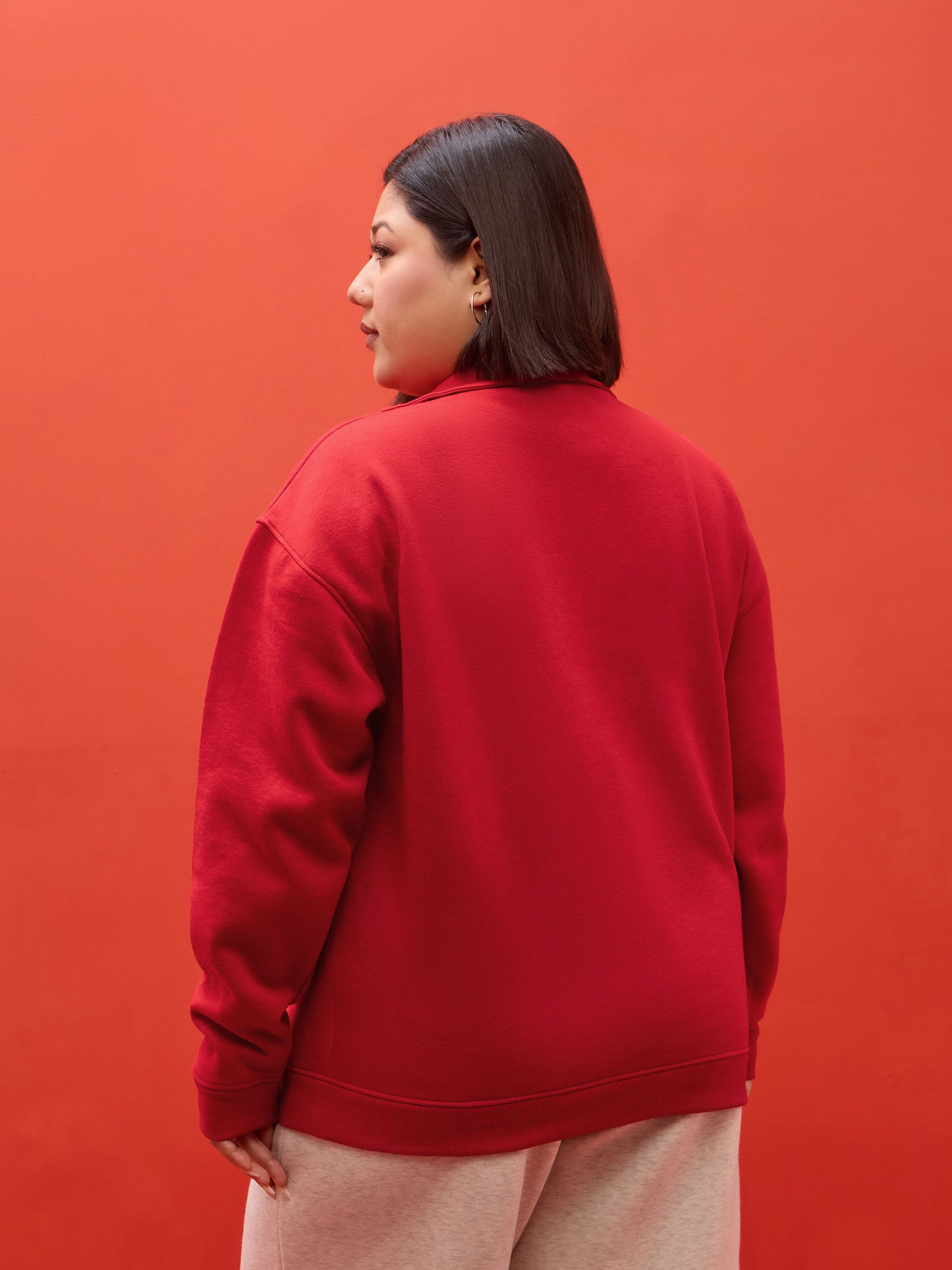Red Fleece V Neck Sweatshirt-SASSAFRAS Curve