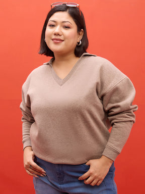Dark Beige Melange Fleece V Neck Sweatshirt-SASSAFRAS Curve