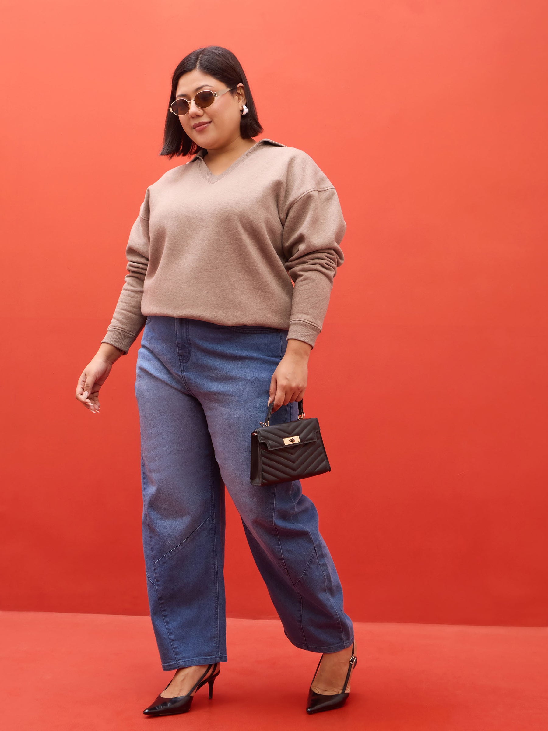 Dark Beige Melange Fleece V Neck Sweatshirt-SASSAFRAS Curve