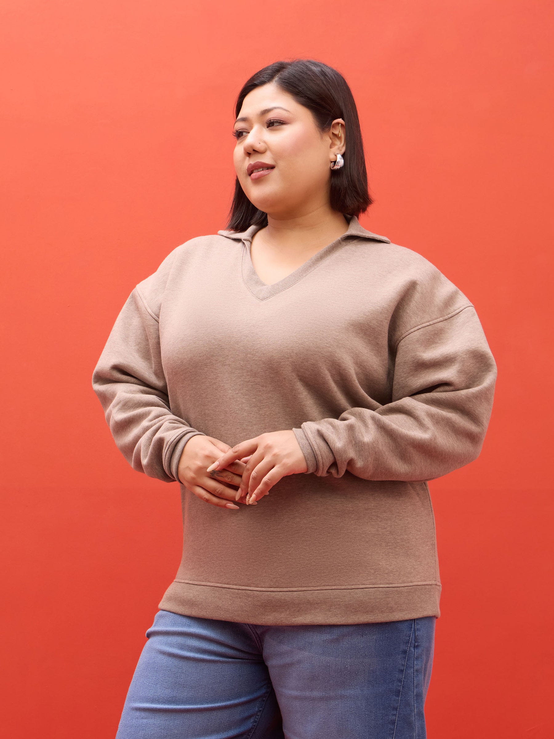 Dark Beige Melange Fleece V Neck Sweatshirt-SASSAFRAS Curve