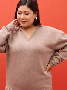 Dark Beige Melange Fleece V Neck Sweatshirt-SASSAFRAS Curve