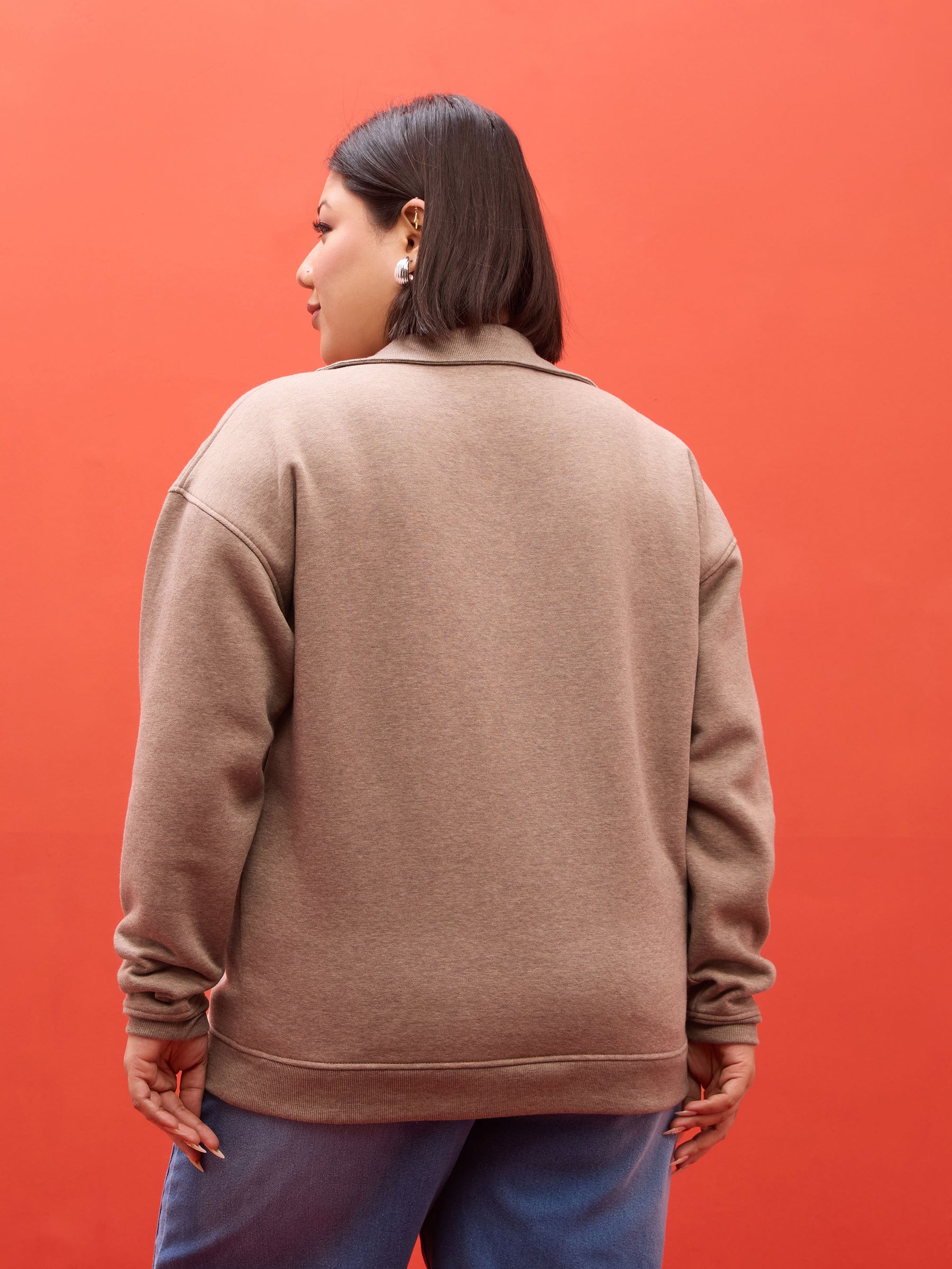 Dark Beige Melange Fleece V Neck Sweatshirt-SASSAFRAS Curve