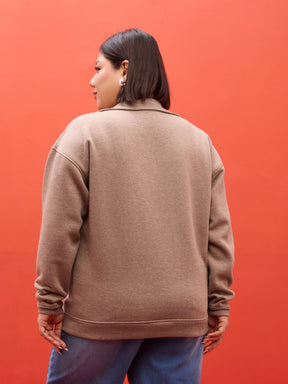 Dark Beige Melange Fleece V Neck Sweatshirt-SASSAFRAS Curve