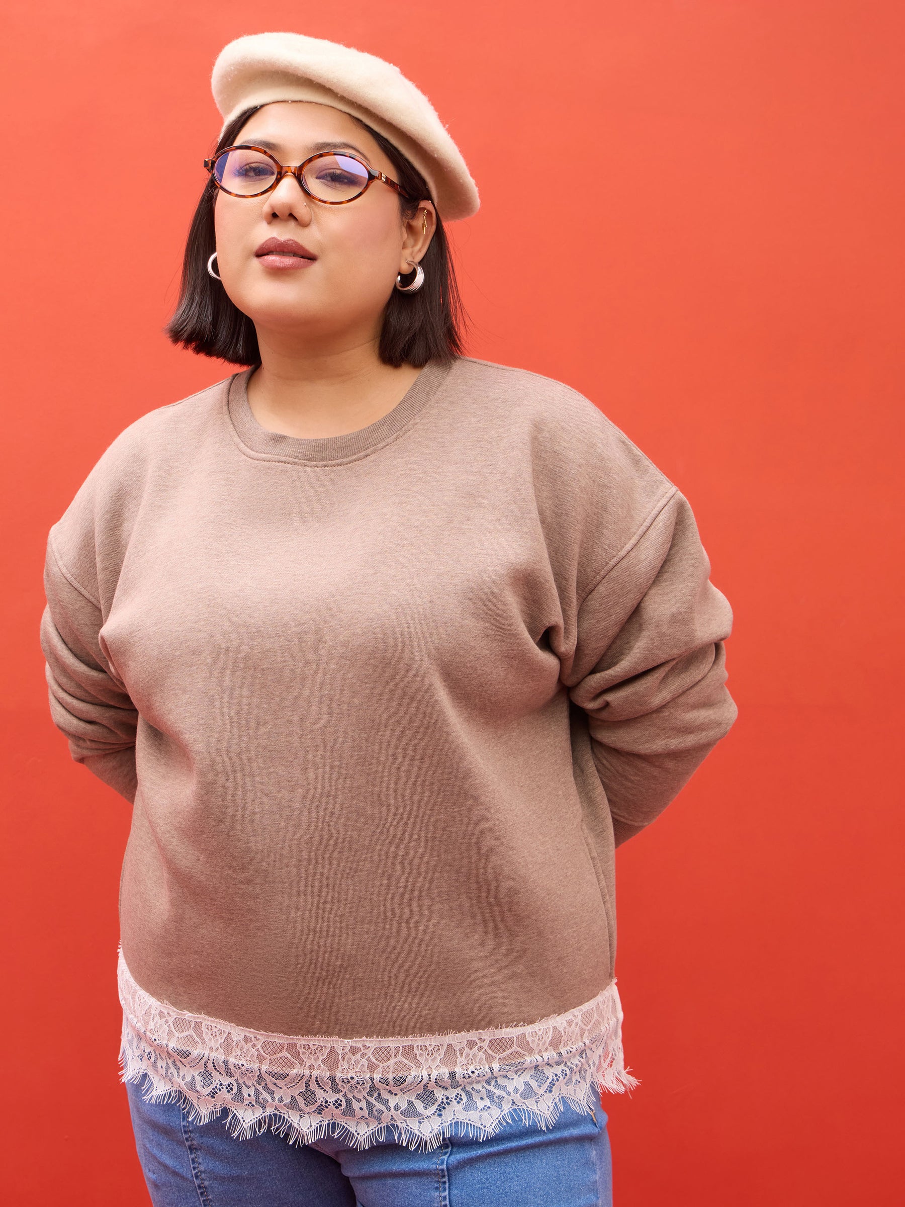 Dark Beige Melange Fleece Sweatshirt-SASSAFRAS Curve