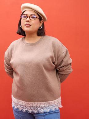 Dark Beige Melange Fleece Sweatshirt-SASSAFRAS Curve