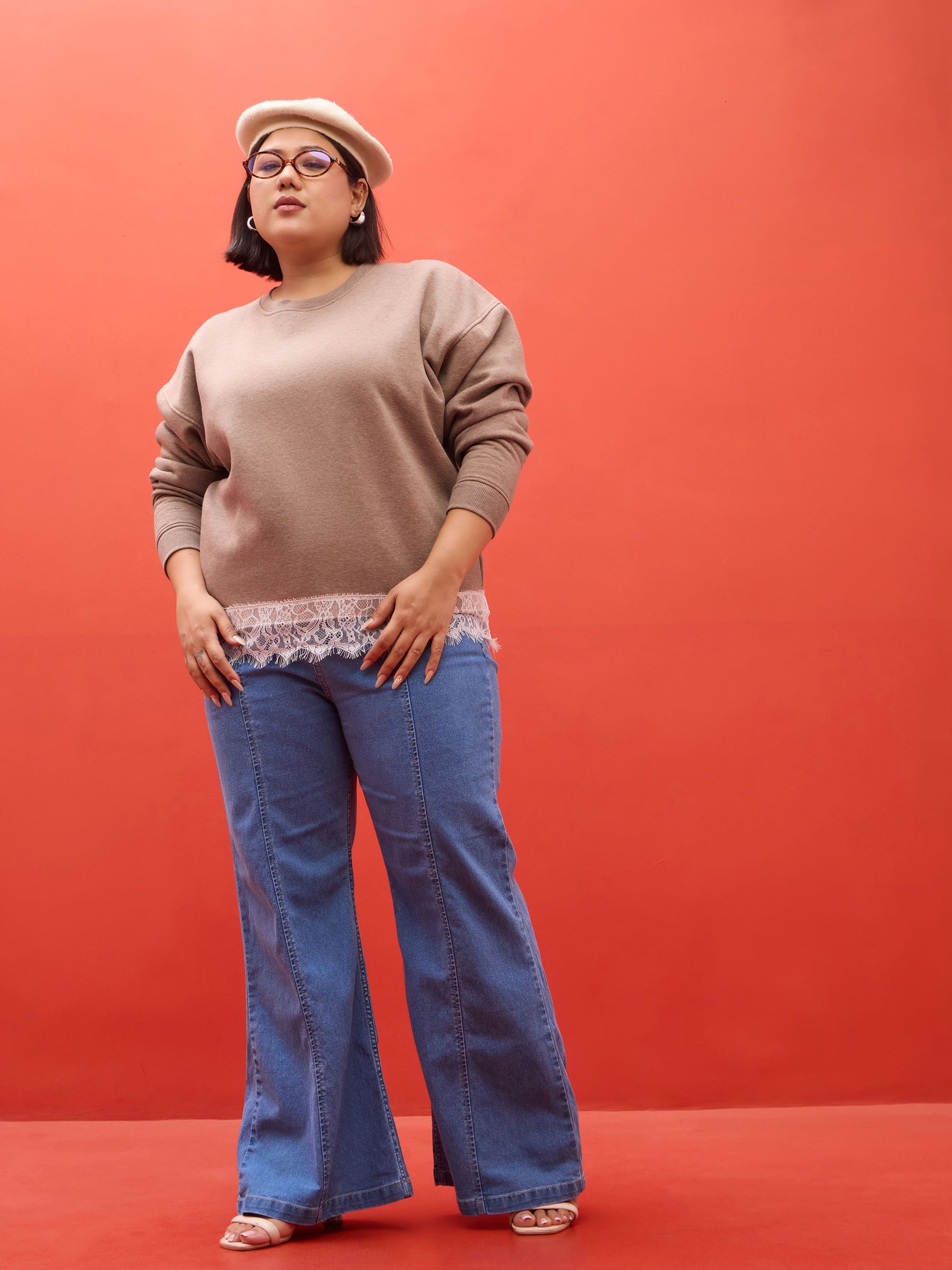 Dark Beige Melange Fleece Sweatshirt-SASSAFRAS Curve