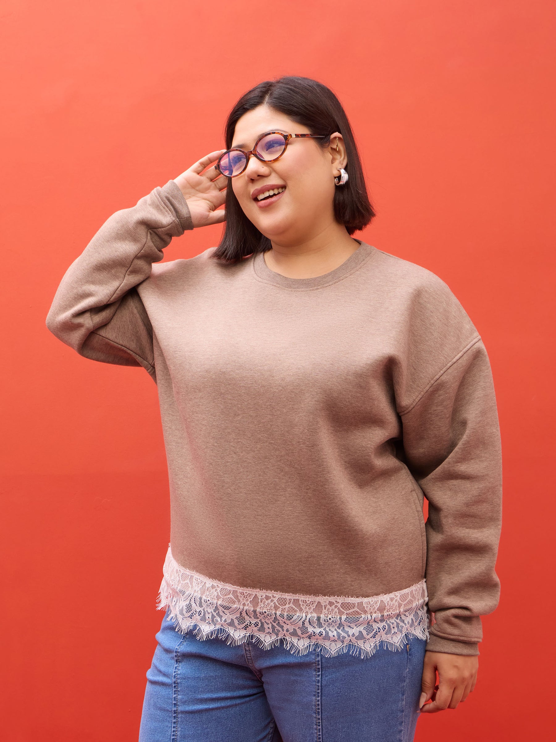 Dark Beige Melange Fleece Sweatshirt-SASSAFRAS Curve