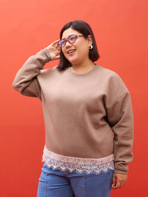 Dark Beige Melange Fleece Sweatshirt-SASSAFRAS Curve