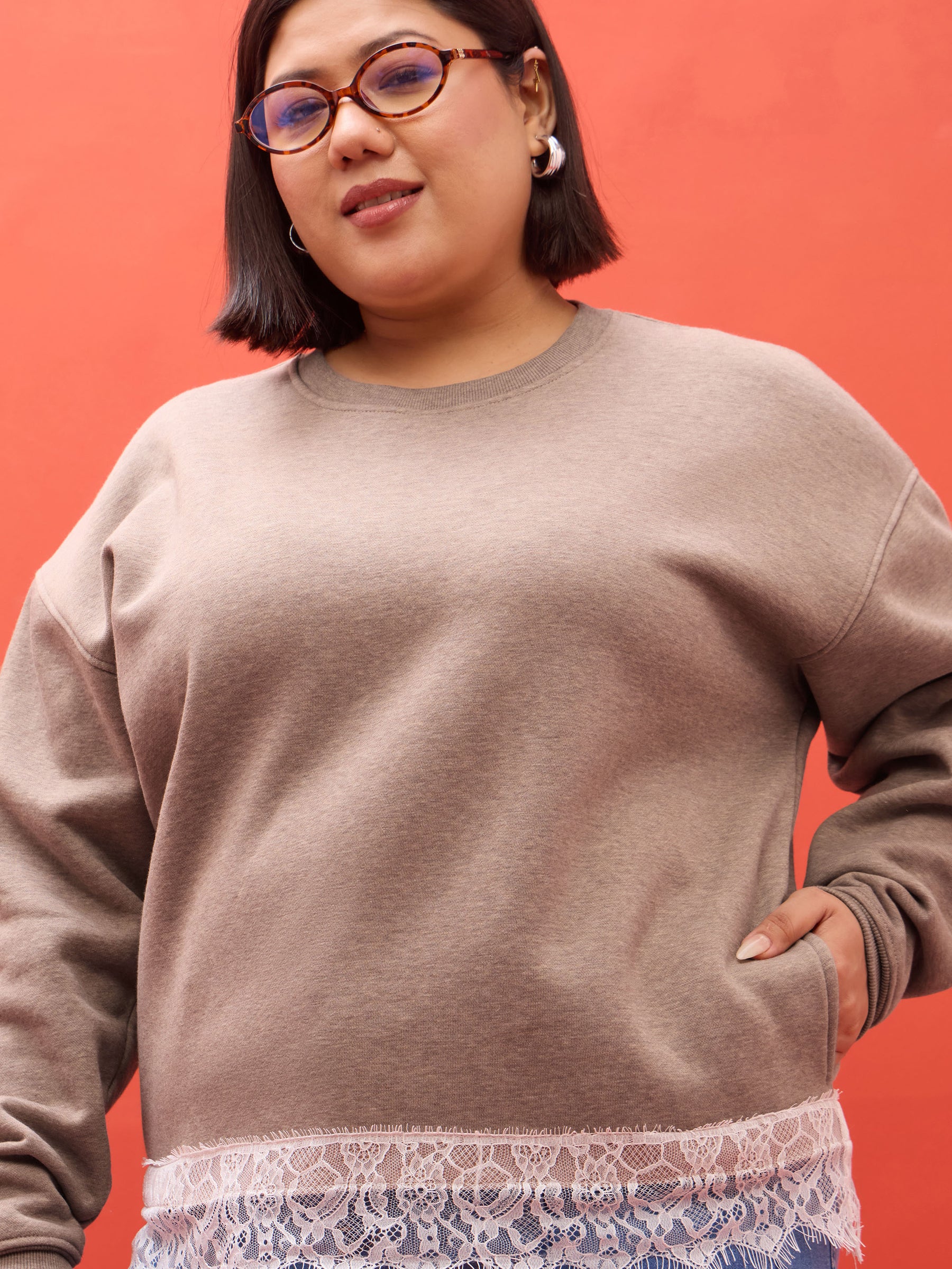 Dark Beige Melange Fleece Sweatshirt-SASSAFRAS Curve