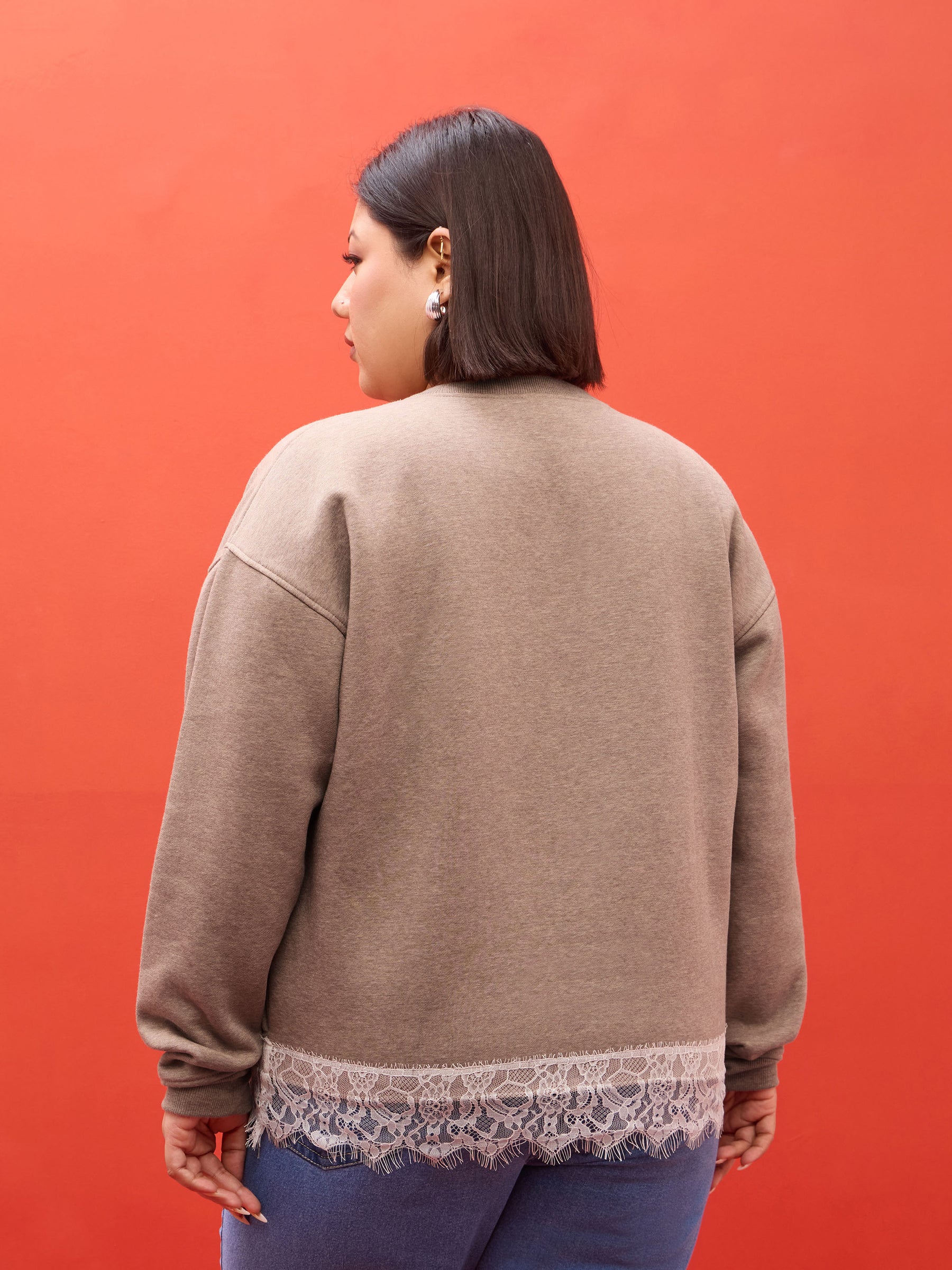 Dark Beige Melange Fleece Sweatshirt-SASSAFRAS Curve