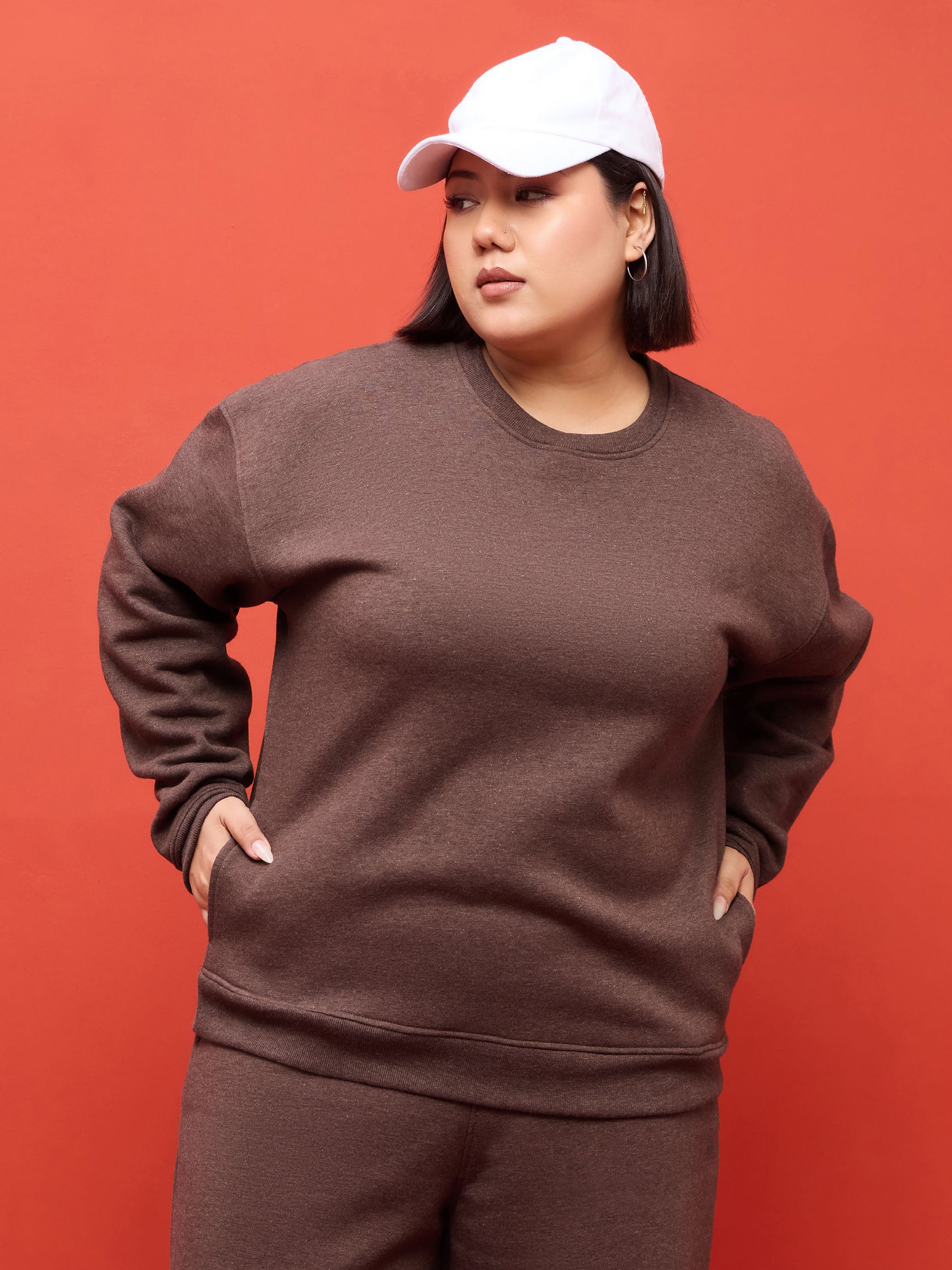 Brown Melange Fleece Sweatshirt-SASSAFRAS Curve