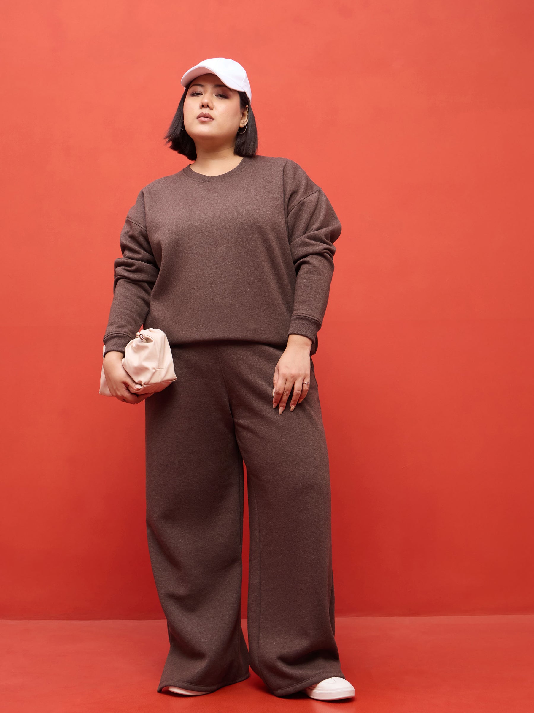 Brown Melange Fleece Sweatshirt-SASSAFRAS Curve
