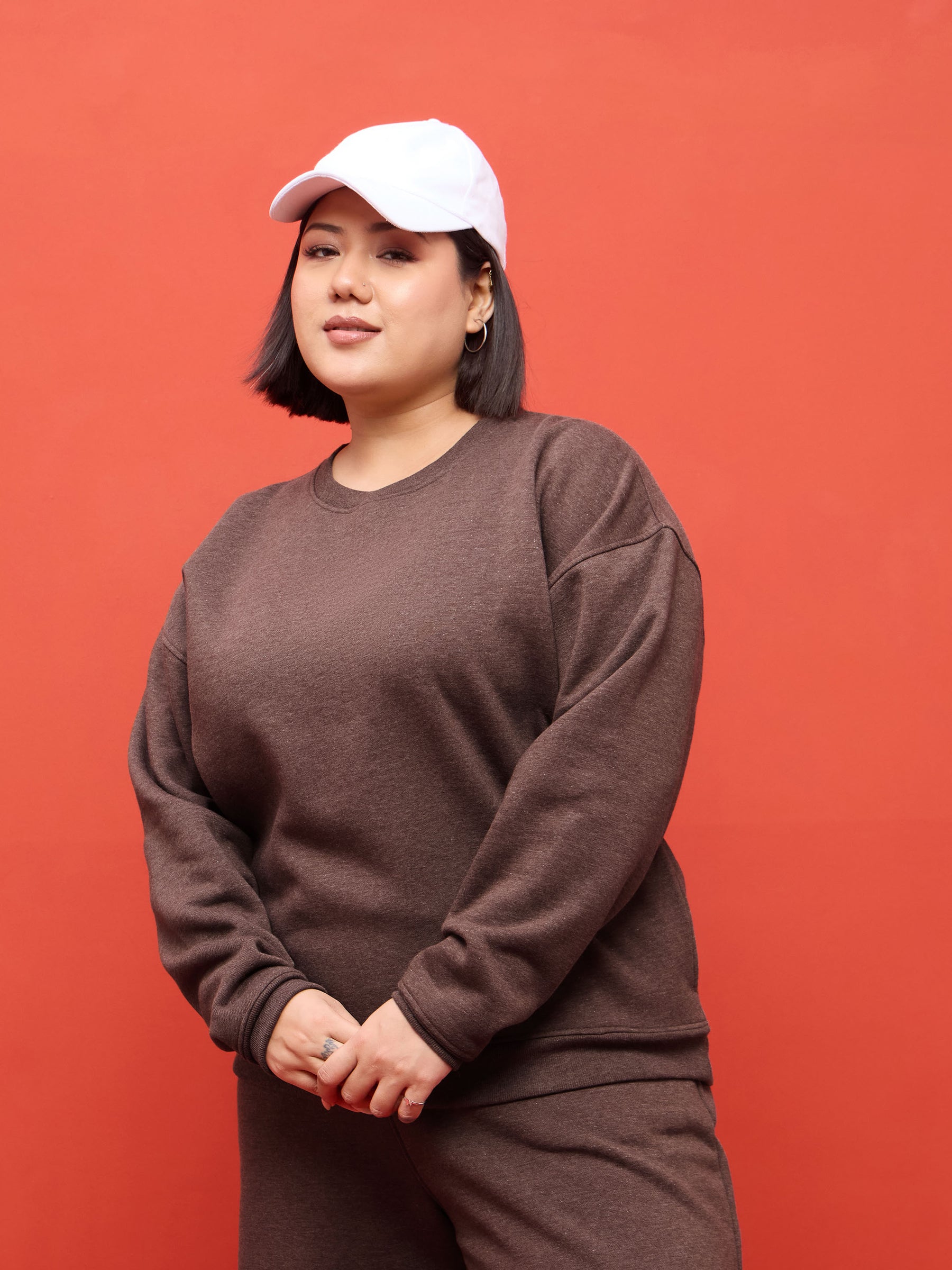 Brown Melange Fleece Sweatshirt-SASSAFRAS Curve