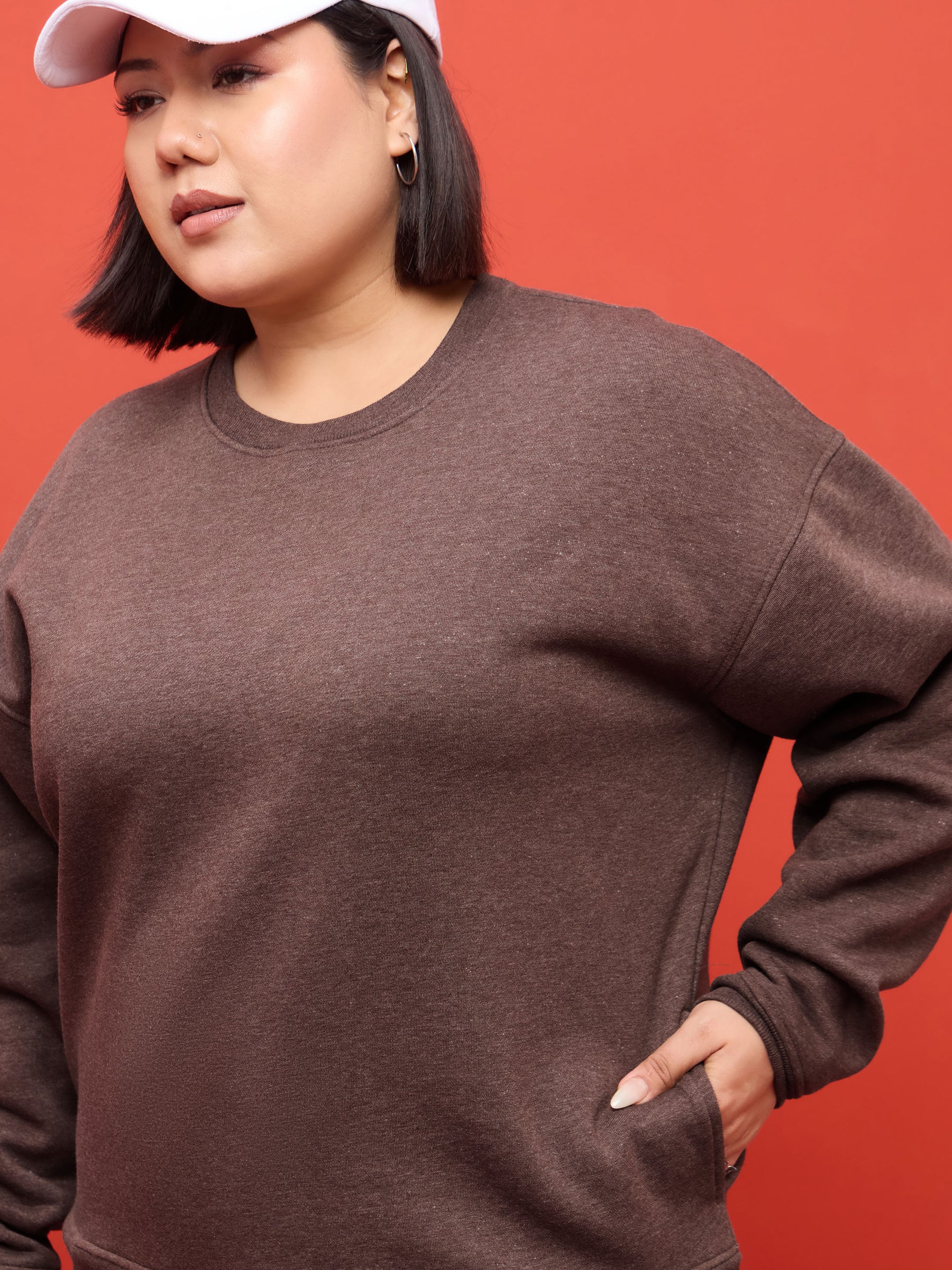 Brown Melange Fleece Sweatshirt-SASSAFRAS Curve