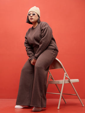 Brown Melange Fleece Sweatshirt With Track Pants-SASSAFRAS Curve