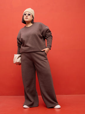 Brown Melange Fleece Sweatshirt With Track Pants-SASSAFRAS Curve