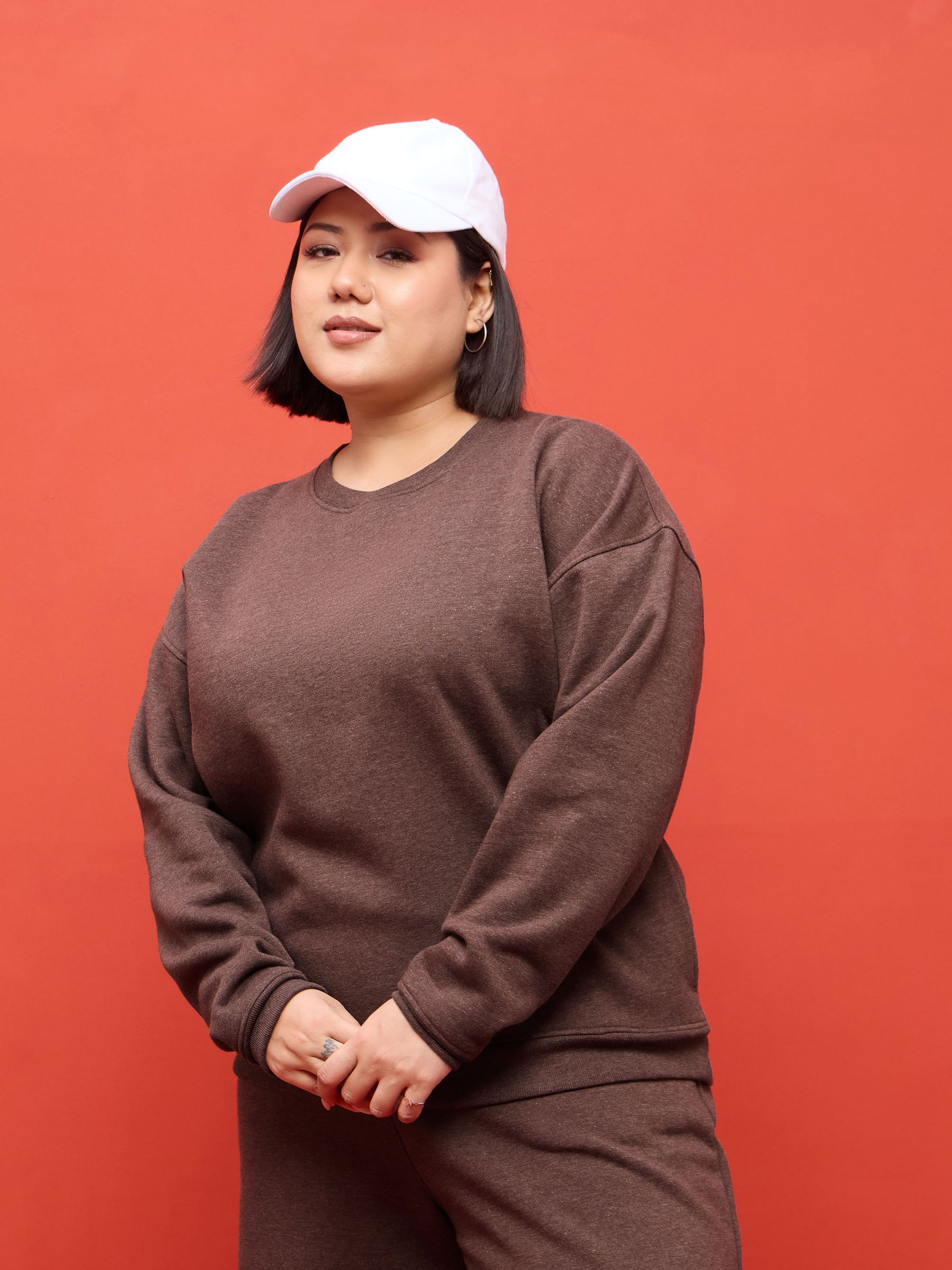 Brown Melange Fleece Sweatshirt With Track Pants-SASSAFRAS Curve