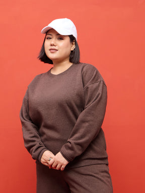Brown Melange Fleece Sweatshirt With Track Pants-SASSAFRAS Curve