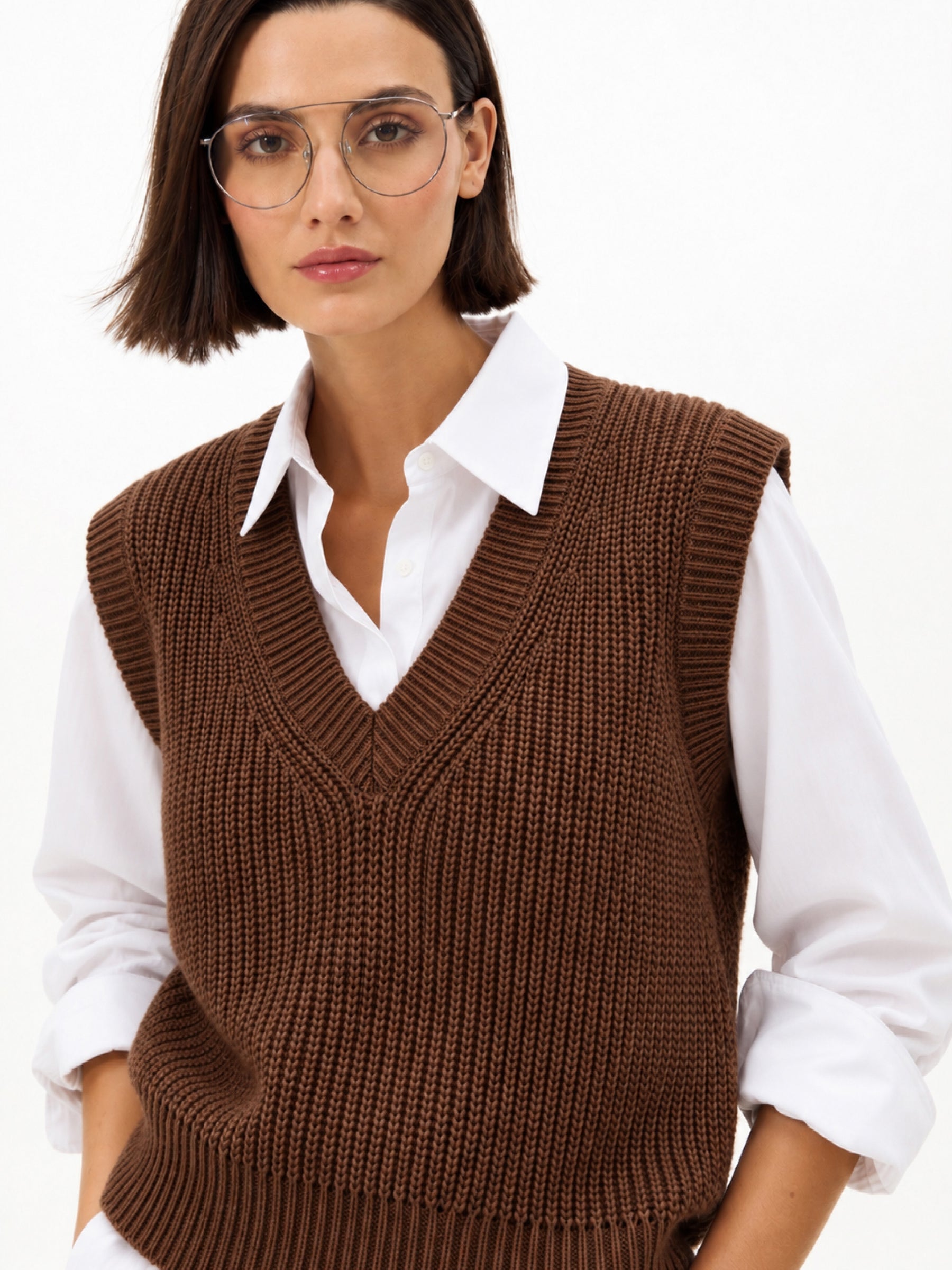 Brown Acrylic Wool V-Neck Sweater Vest-SASSAFRAS