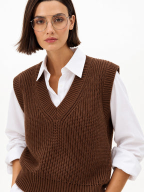 Brown Acrylic Wool V-Neck Sweater Vest-SASSAFRAS