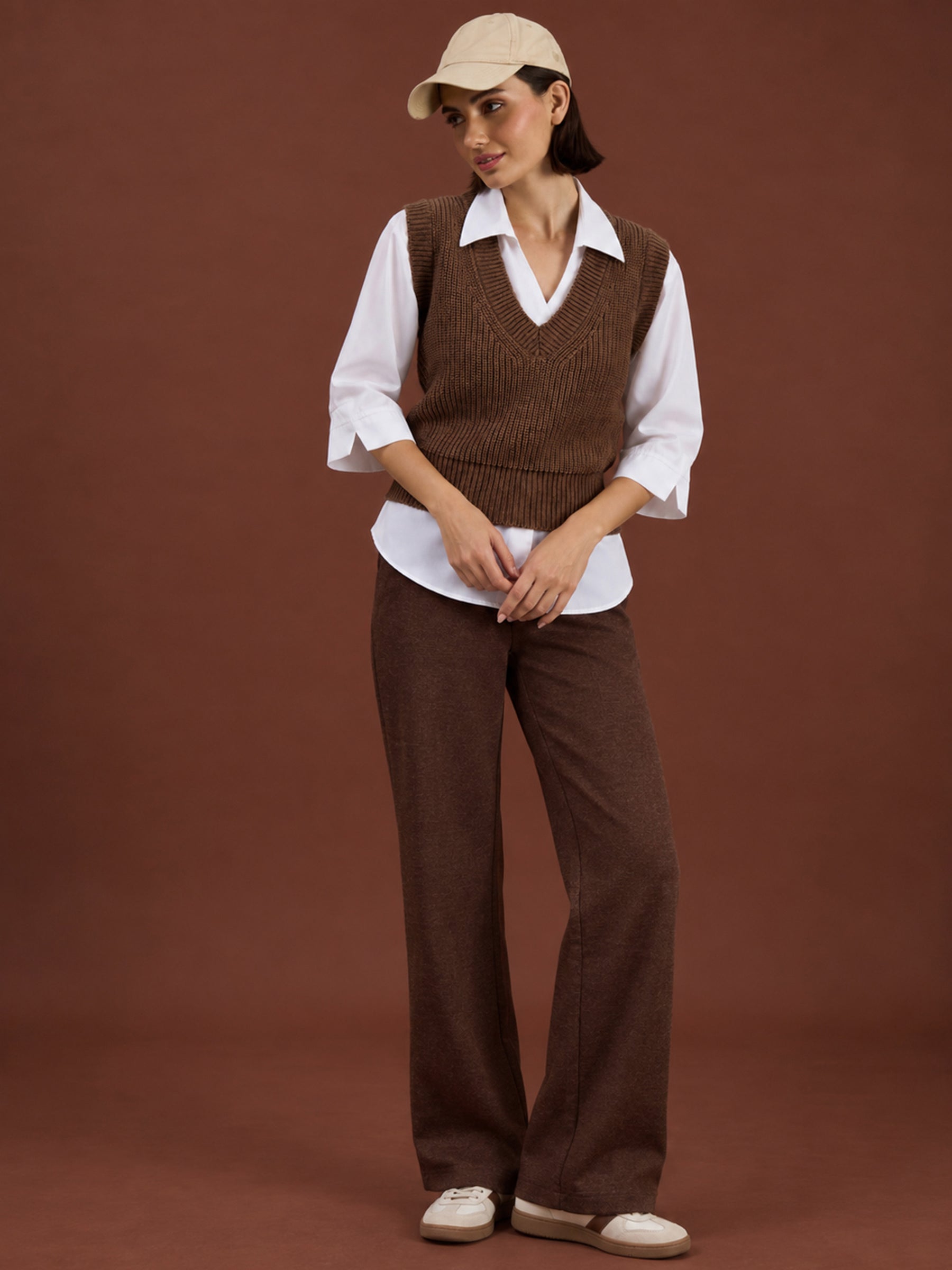 Brown Acrylic Wool V-Neck Sweater Vest-SASSAFRAS