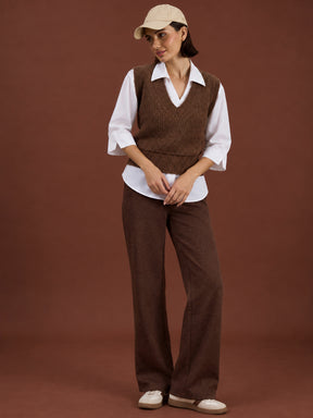 Brown Acrylic Wool V-Neck Sweater Vest-SASSAFRAS