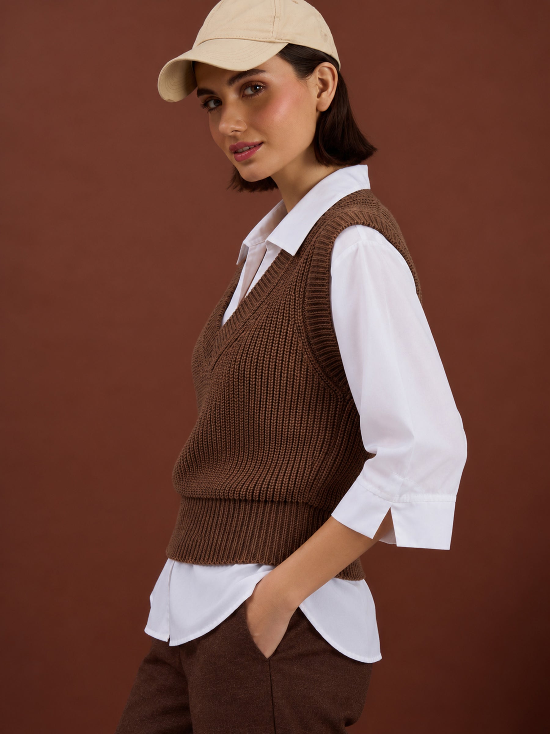 Brown Acrylic Wool V-Neck Sweater Vest-SASSAFRAS