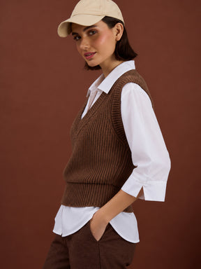 Brown Acrylic Wool V-Neck Sweater Vest-SASSAFRAS