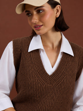 Brown Acrylic Wool V-Neck Sweater Vest-SASSAFRAS