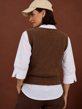 Brown Acrylic Wool V-Neck Sweater Vest-SASSAFRAS