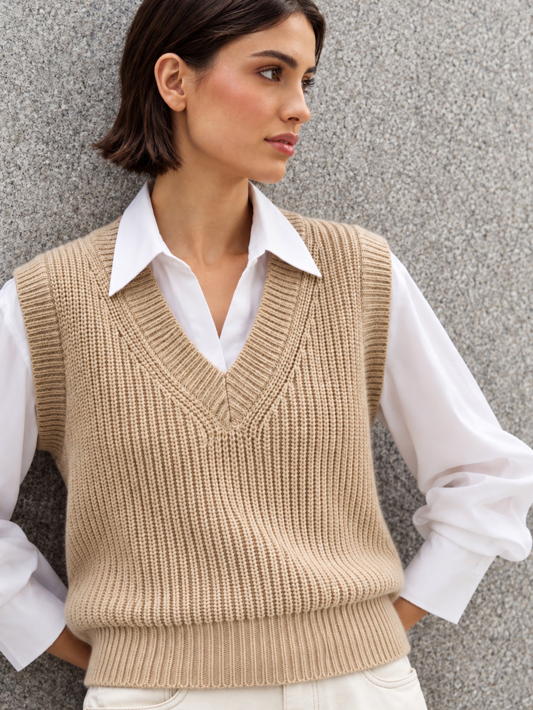 Tan Acrylic Wool V-Neck Sweater Vest-SASSAFRAS