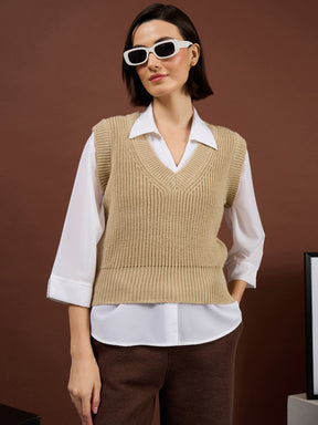 Tan Acrylic Wool V-Neck Sweater Vest-SASSAFRAS