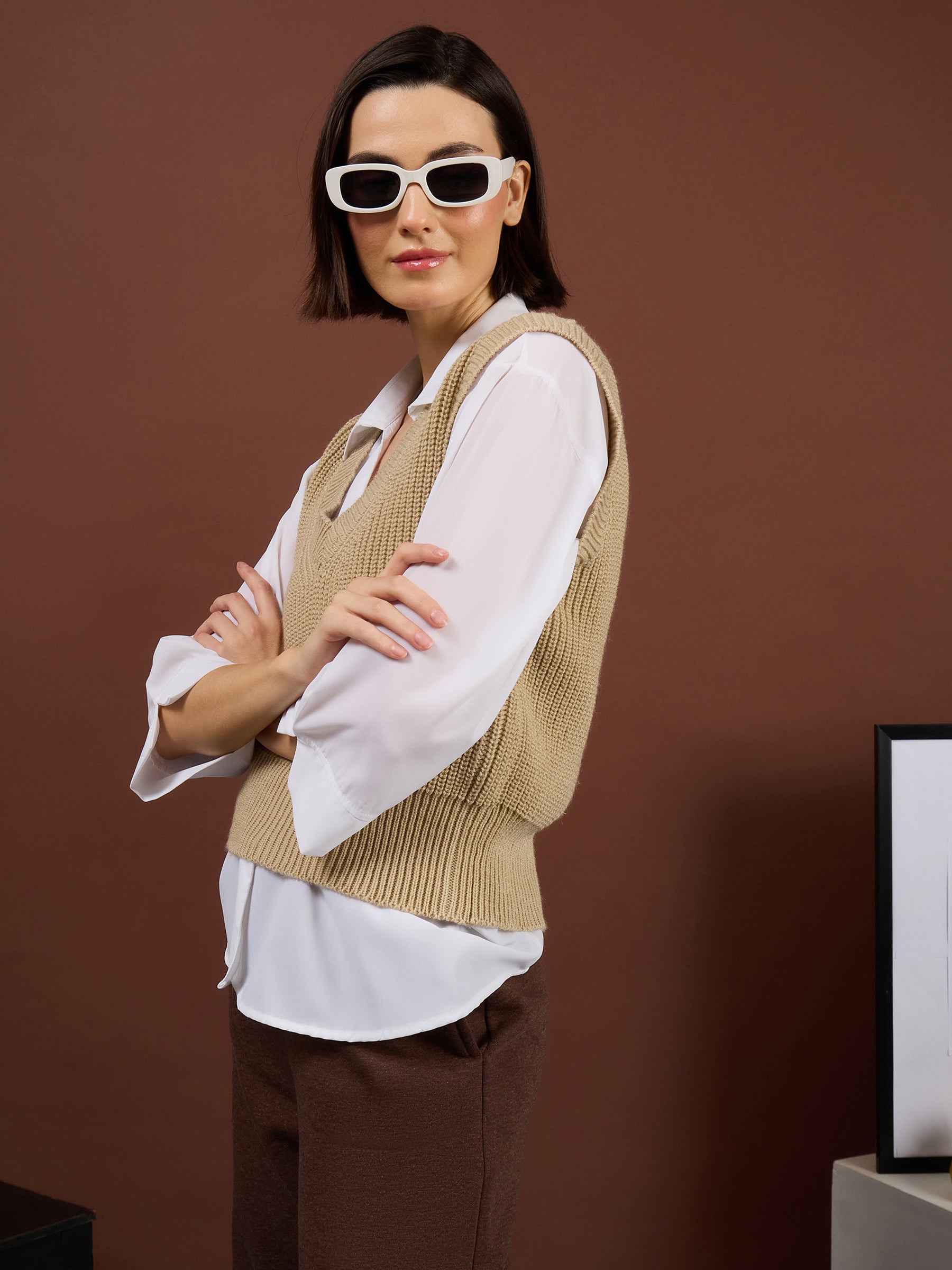 Tan Acrylic Wool V-Neck Sweater Vest-SASSAFRAS