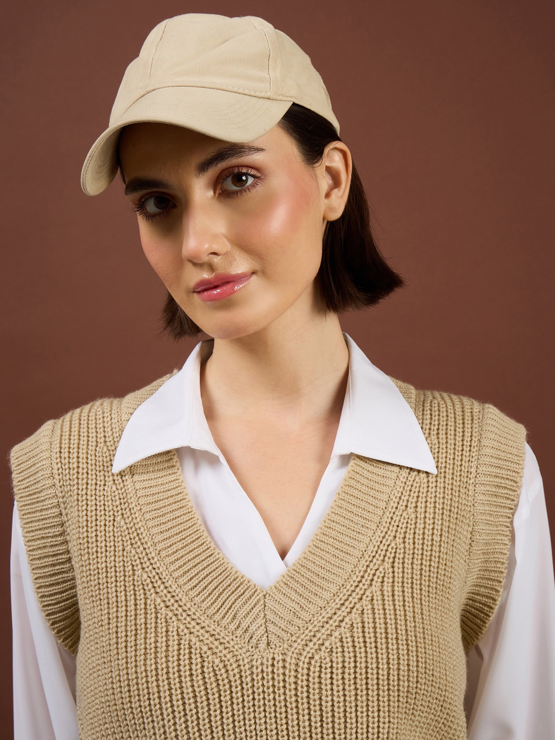 Tan Acrylic Wool V-Neck Sweater Vest-SASSAFRAS