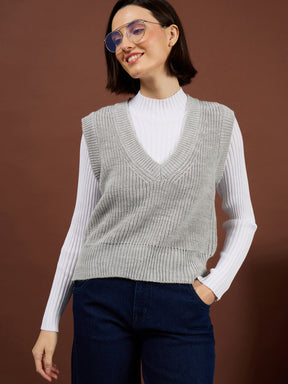 Grey Acrylic Wool V-Neck Sweater Vest-SASSAFRAS