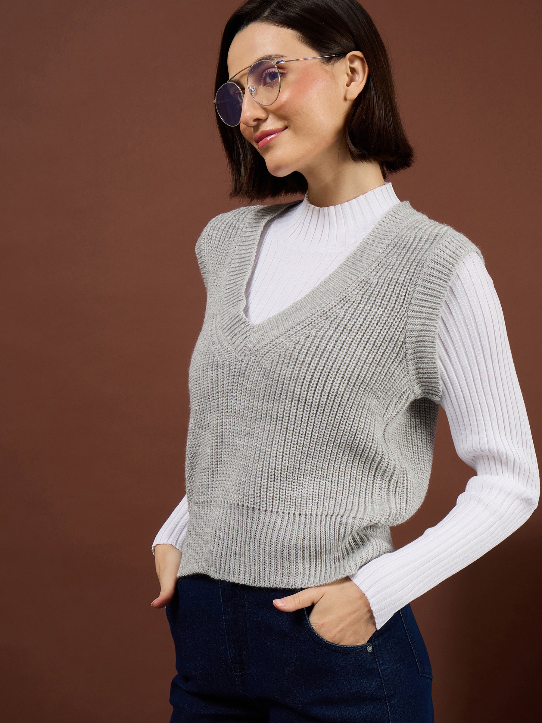 Grey Acrylic Wool V-Neck Sweater Vest-SASSAFRAS