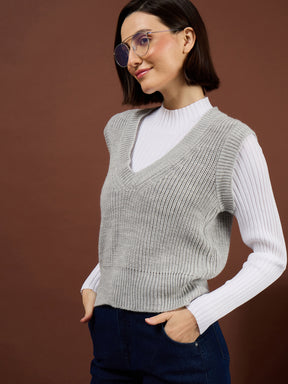 Grey Acrylic Wool V-Neck Sweater Vest-SASSAFRAS