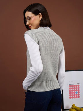 Grey Acrylic Wool V-Neck Sweater Vest-SASSAFRAS