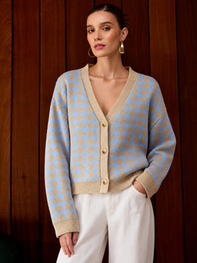 Blue & Off-White Acrylic Wool V-Neck Oversize Cardigan-SASSAFRAS