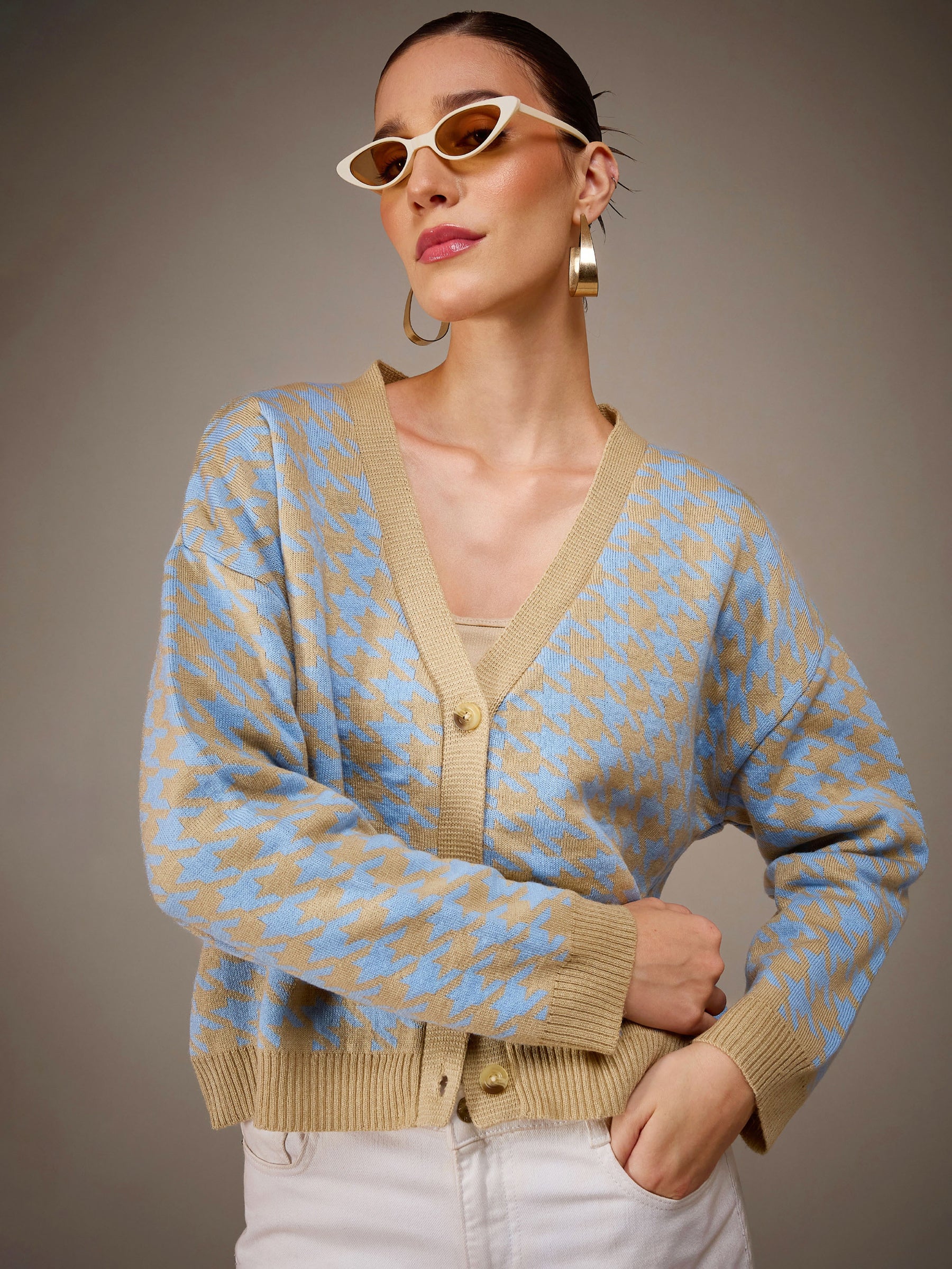 Blue & Off-White Acrylic Wool V-Neck Oversize Cardigan-SASSAFRAS