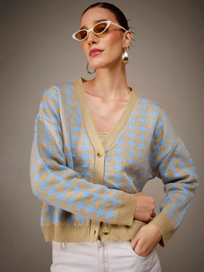 Blue & Off-White Acrylic Wool V-Neck Oversize Cardigan-SASSAFRAS