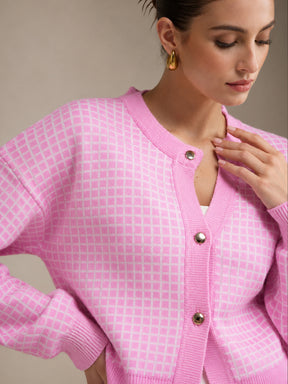 Pink Stripes Acrylic Wool Round Neck Oversize Cardigan-SASSAFRAS