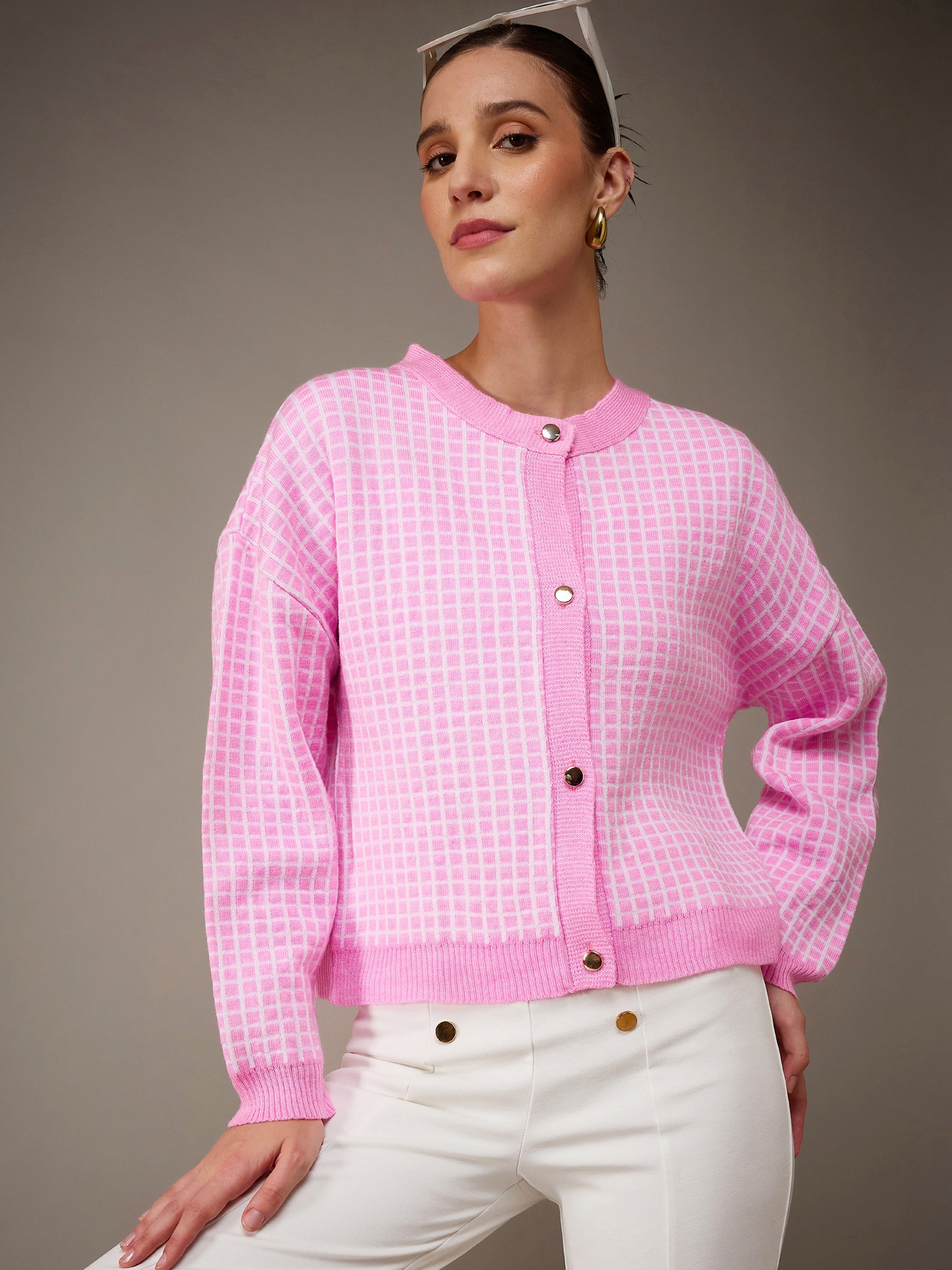 Pink Stripes Acrylic Wool Round Neck Oversize Cardigan-SASSAFRAS
